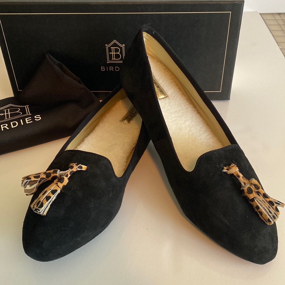 Birdies black suede flats with leopard tassel size 9